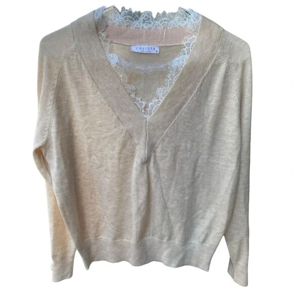 CALISTA Sweaters - CALISTA Lace Trim Wool blend Vneck Sweater I Size:S